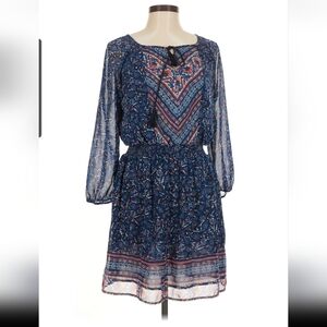 Lucky Brand Navy Blue Multicolor Printed Long-Sleeve Dress